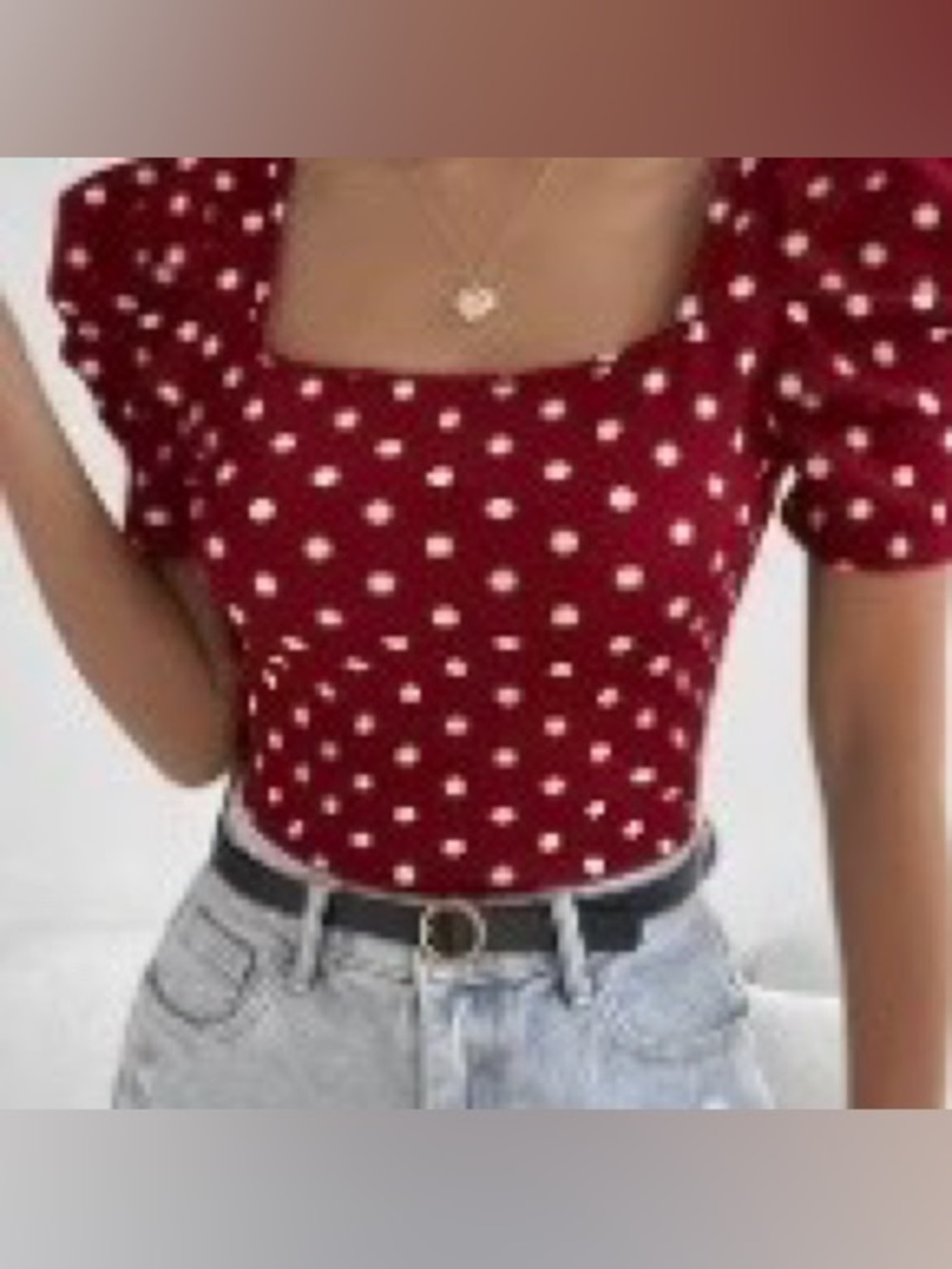 Polka Dot Square Neck Top Red puff sleeves stretch